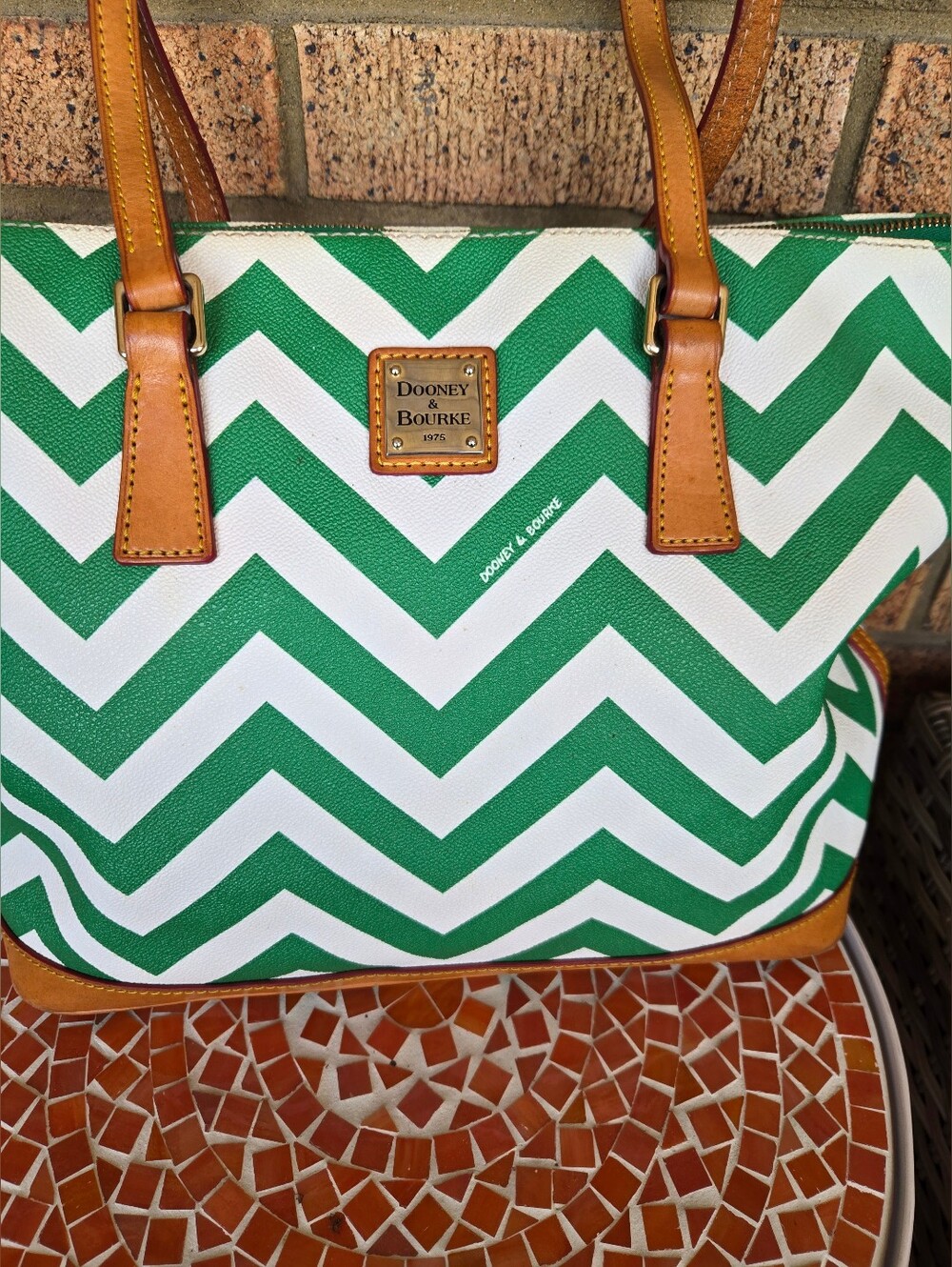 Dooney & Bourke Kelly Green Chevron Coated Cotton Large Shopper Tote Bag